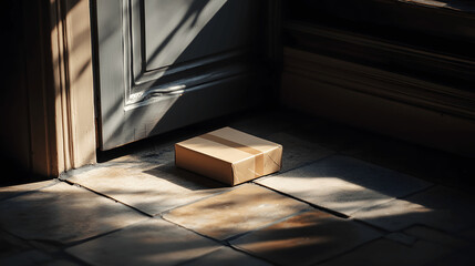 Single package on doorstep with soft sunlight shadows