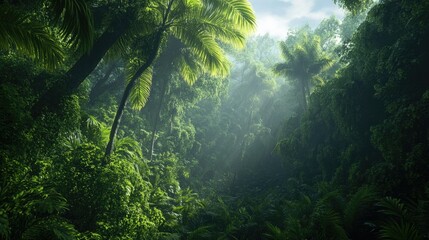 Obraz premium Lush Southeast Asian rainforest with dense trees and misty atmosphere, peaceful and serene