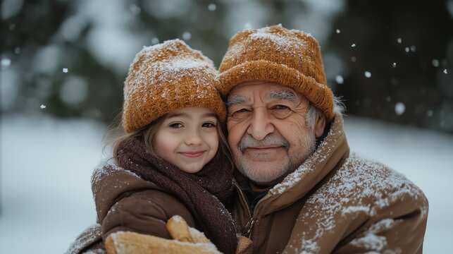 grandfather hug and cuddle with niece girl in winter snowfall outdoor park