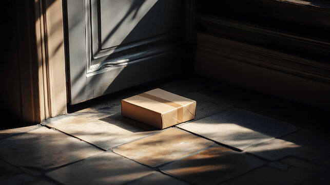 Single package on doorstep with soft sunlight shadows