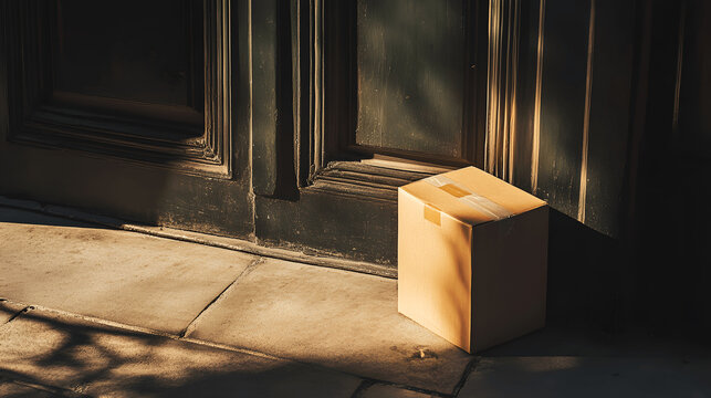 Single package on doorstep with soft sunlight shadows