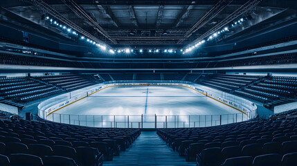 Empty hockey arena with ice rink and surrounding seats