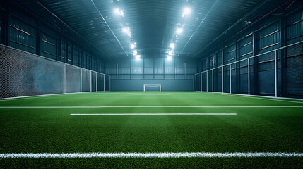 Empty indoor soccer arena with artificial turf and high walls