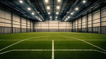 Empty indoor soccer arena with artificial turf and high walls