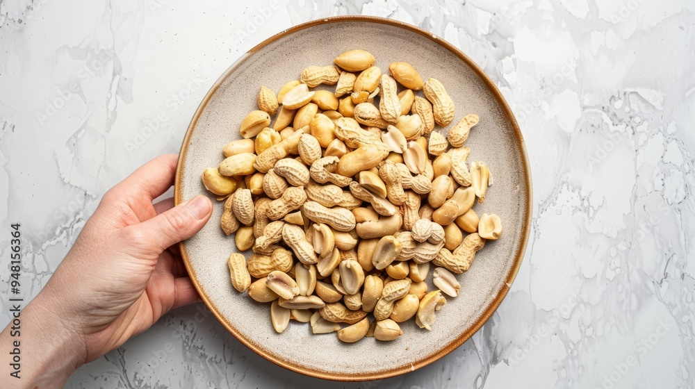 Fototapete top view of a simple plate filled with shelled peanuts, with the clean background providing a stark 