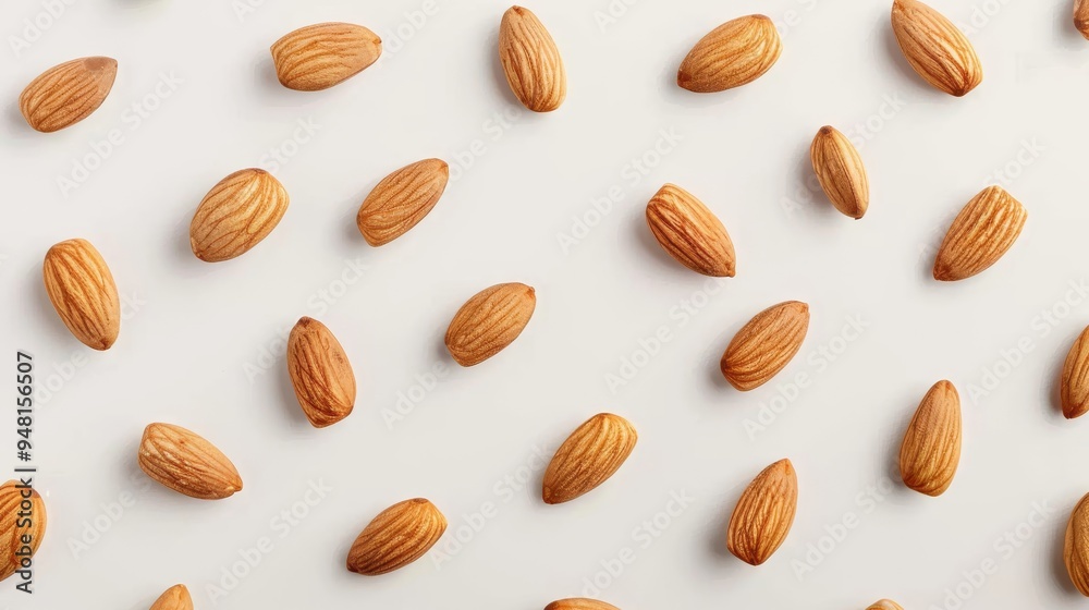 Poster top view of almonds spread out evenly on a clean background