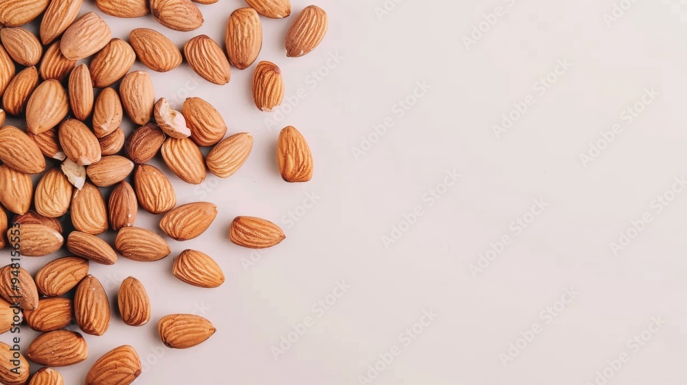 Poster top view of almonds spread out evenly on a clean background