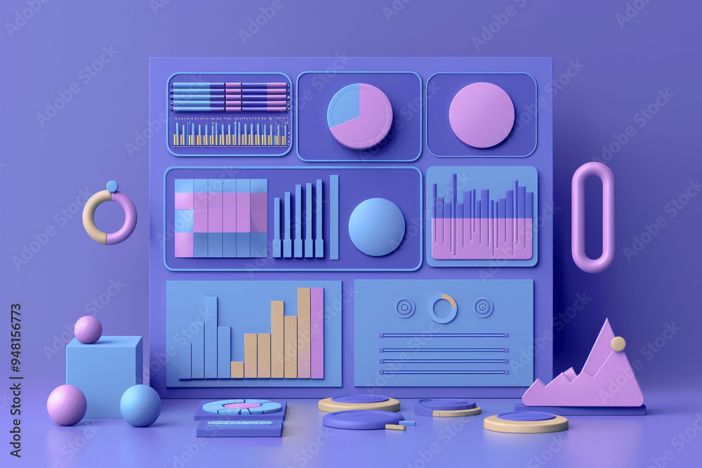 Wall mural 3d render of charts, graphs and data visualizations on a purple background