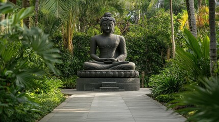 Obraz premium Majestic Southeast Asian Buddha statue surrounded by tropical greenery, spiritual and serene