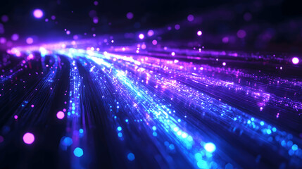 Fototapeta premium Fiber optic cable glowing with blue and purple light, technology background