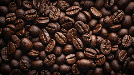 Fototapeta premium Full screen top view of coffee beans with rich brown color and detailed textures