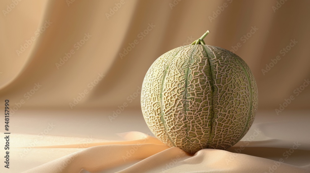 Poster whole cantaloupe with a perfectly textured rind, placed against a soft, uniform background to highli