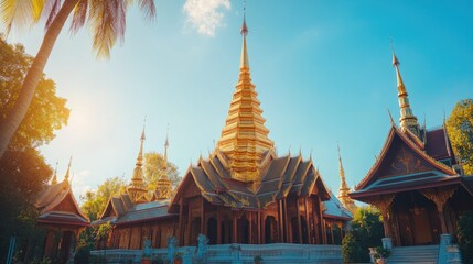 Fototapeta premium Majestic Southeast Asian temple with golden spires, set against a clear blue sky, no people