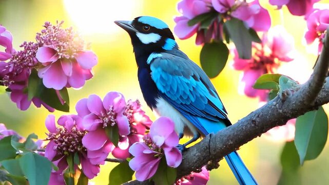 A blue jay perched on blooming pink flowers in a serene garden during springtime