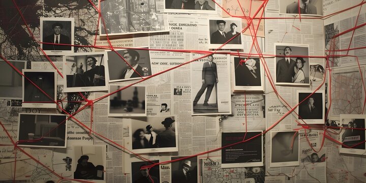 board crowded with papers, documents, and notes connected by red strings, resembling murder board
