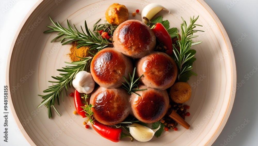 Wall mural Roasted Sausages on wooden plate with herbs garlic, peppers, spices and rosemary