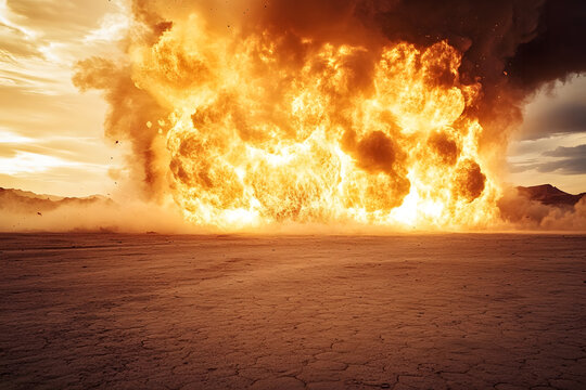 A dramatic and powerful explosion envelops the vast desert in a chaotic swirl of fiery flames and swirling dust