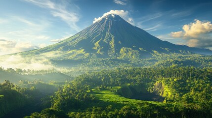 Fototapeta premium Majestic Southeast Asian volcano with a lush green base, towering over the landscape