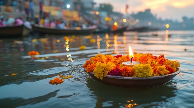 Devoted offerings adorned with flowers and a candle float towards the sacred Ganges River at Varanasi Ghats, India.
