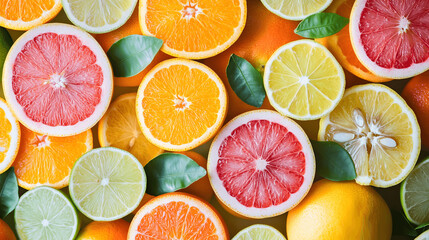 Obraz premium Overhead view of assorted citrus fruits including oranges, lemons, limes, and grapefruits