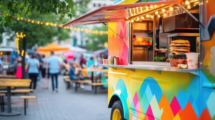 A colorful food truck parked at a bustling city food festival, with selective focus on the truck and space for promotional text.