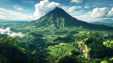 Obraz premium Majestic Southeast Asian volcano with a lush green base, towering over the landscape