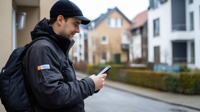 Man wearing a black jacket cap and backpack standing in a residential street holding a smartphone texting typing messages Delivery guy communicating with customers Smiling city buildings technology 
