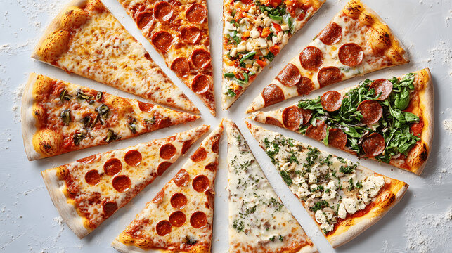 Overhead view of assorted pizza slices including pepperoni, margherita, and veggie