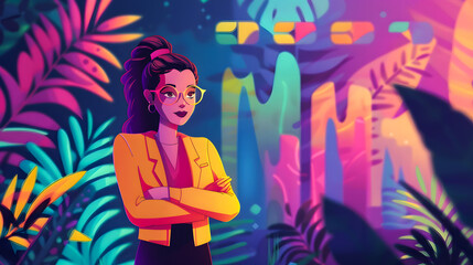 Presentation, vision, strategy. The female leader. Discussing business plan. Vector illustration