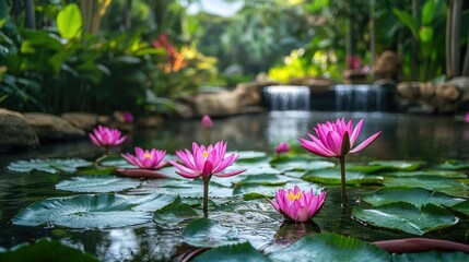 Peaceful Southeast Asian lotus pond with blooming flowers, tranquil and serene, no people