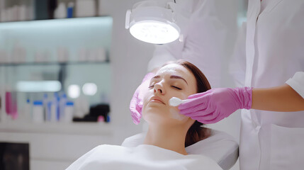 Professional cosmetologist performing chemical peel treatment with glowing results