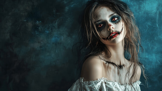 Portrait of young woman dressed as zombie bride at Halloween party with tattered white dress