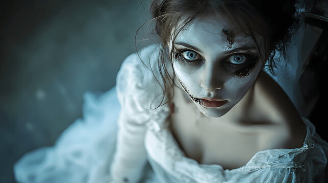 Portrait of young woman dressed as zombie bride at Halloween party with tattered white dress
