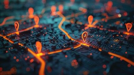 Futuristic digital map with pinpoint markers and glowing routes, representing navigation, location tracking, smart technology and advanced mapping systems.