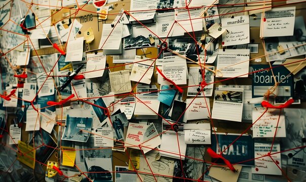 board crowded with papers, documents, and notes connected by red strings, resembling murder board