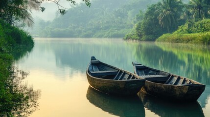 Obraz premium Peaceful Southeast Asian river with traditional fishing boats, calm and serene, no people