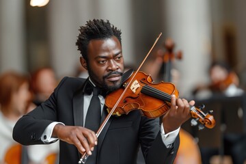 Fototapeta premium Talented violinist passionately performing in elegant concert setting