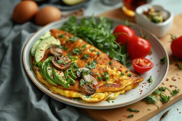 Delicious omelette with avocado, mushrooms, and fresh greens on a white plate