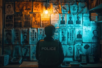 Police officer investigates crime scene illuminated by mysterious light