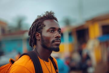 Fototapeta premium Young man with dreadlocks in urban setting wearing orange shirt