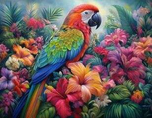 blue and yellow macaw , 1. "Tropical Harmony: A Parrot Amongst Vibrant Blooms"
2. "Feathered Elegance: Parrot Adrift in a Pastel Flower Garden"