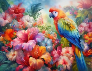 blue and yellow macaw , 1. "Tropical Harmony: A Parrot Amongst Vibrant Blooms"
2. "Feathered Elegance: Parrot Adrift in a Pastel Flower Garden"