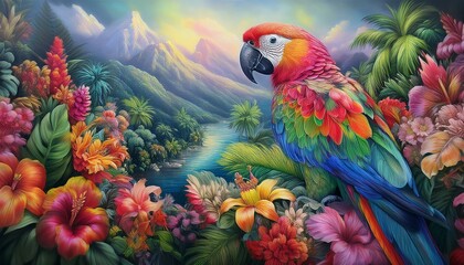 blue and yellow macaw , 1. "Tropical Harmony: A Parrot Amongst Vibrant Blooms"
2. "Feathered Elegance: Parrot Adrift in a Pastel Flower Garden"