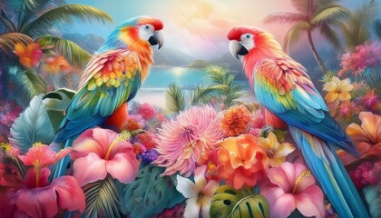 blue and yellow macaw , 1. "Tropical Harmony: A Parrot Amongst Vibrant Blooms"
2. "Feathered Elegance: Parrot Adrift in a Pastel Flower Garden"