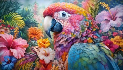 blue and yellow macaw , 1. "Tropical Harmony: A Parrot Amongst Vibrant Blooms"
2. "Feathered Elegance: Parrot Adrift in a Pastel Flower Garden"