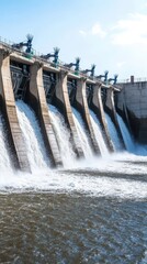 Water flows powerfully from the hydroelectric dam, showcasing the engineering marvel in action under a clear blue sky