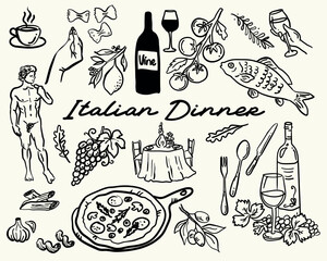 Italian Dinner - whimsical style, hand drawn collection of illustrations, vector