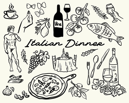 Italian Dinner - whimsical style, hand drawn collection of illustrations, vector