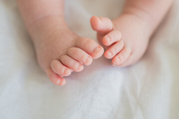 Tiny newborn infant baby feet and toes on white background. Soft newborn baby foot legs under the white blanket. Close up of infant barefeet. Maternity tenderness parenthood birthday. Happy Family