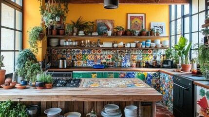 Naklejka premium Vibrant Kitchen with Colorful Tiles and Greenery